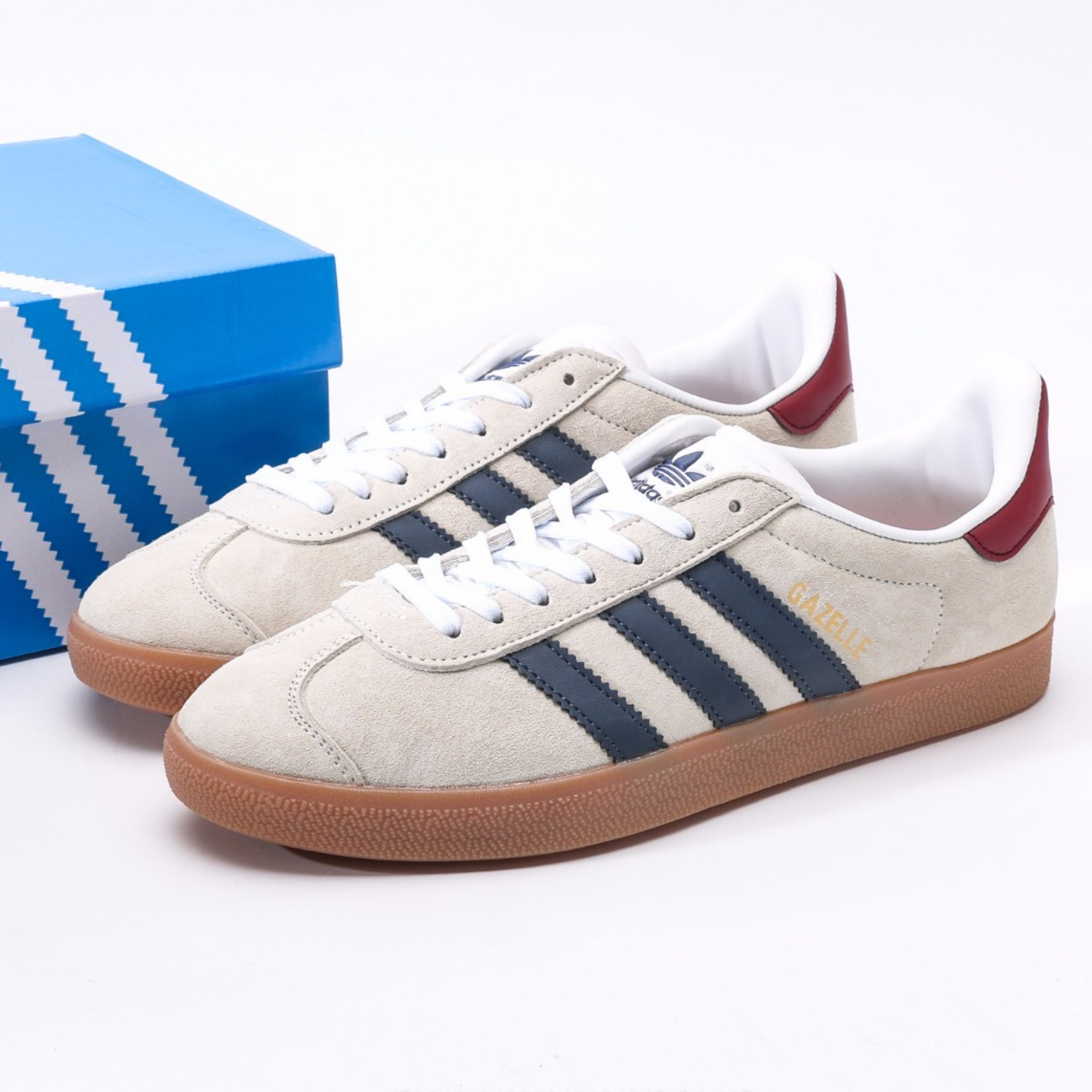 adidas Gazelle Beige Dark Blue Collegiate Burgundy